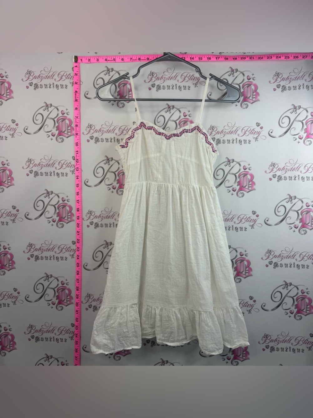 Roxy dress beaded cream White Sundress with Pink Embroidered Trim neon